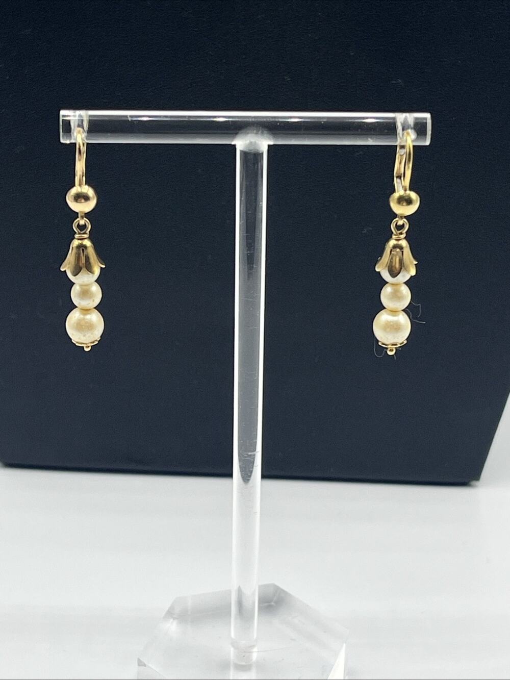 14k Solid Gold 585 Italy Pearl Dangle Drop Earrings Leverback Closure Tested